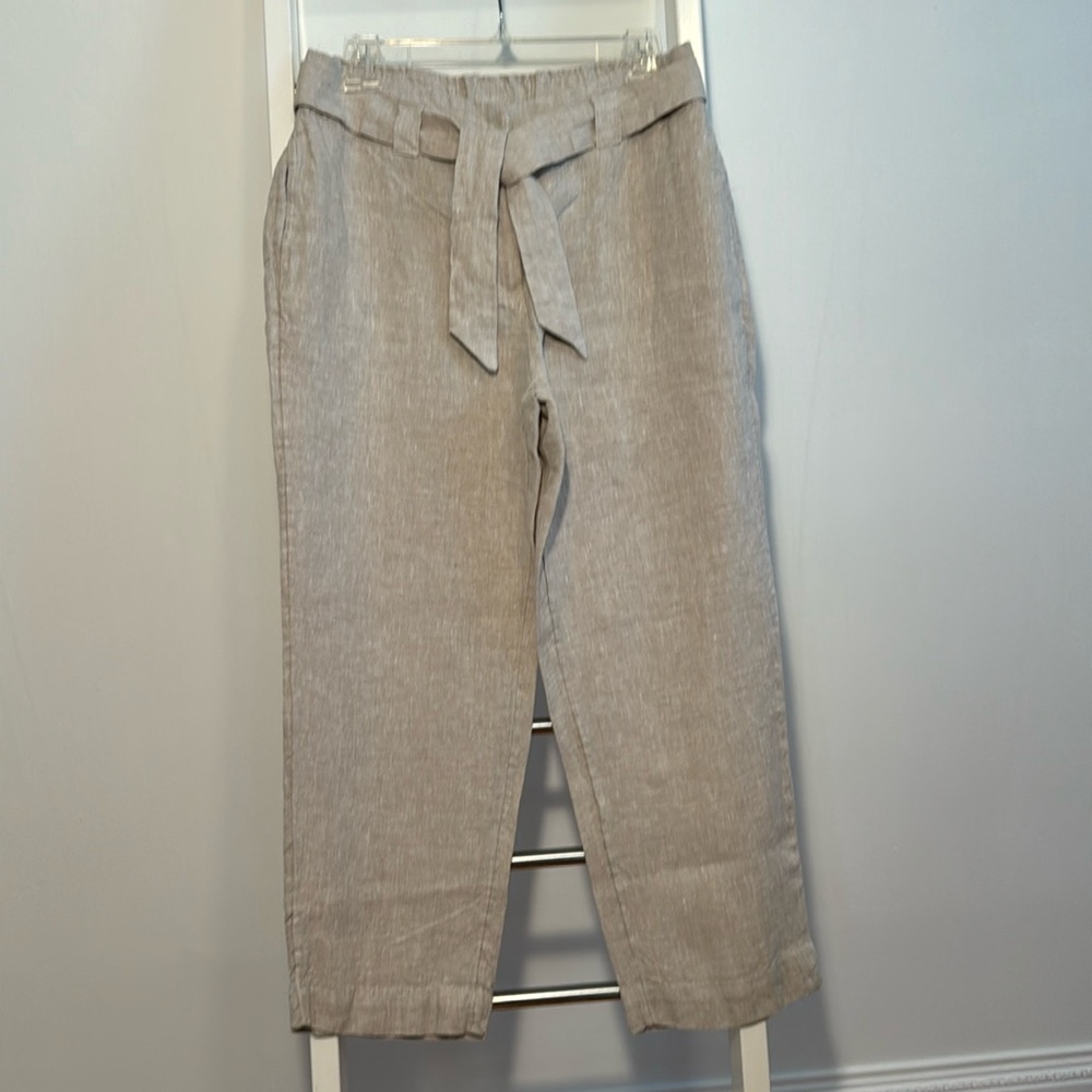 Chico’s Neutral Straight Leg Belted/Hook/Zipper/Elastic Linen Capri - Picture 1 of 7